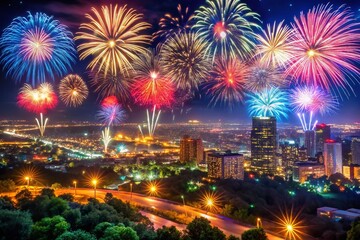 Fototapeta premium Aerial Fireworks Display Over Cityscape: 4th of July Background