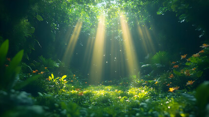 Fototapeta premium Enchanted Forest with Sunbeams: A Magical and Dreamy Nature Scene