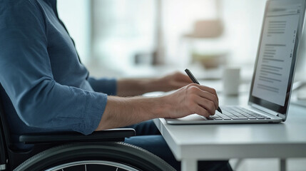 Handicapped office worker taking notes while reading on laptop screen