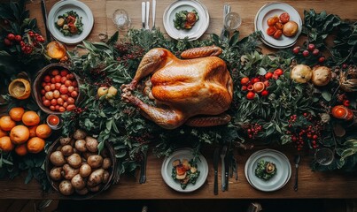 A Christmas dinner table filled with a roasted turkey and cooked vegetables