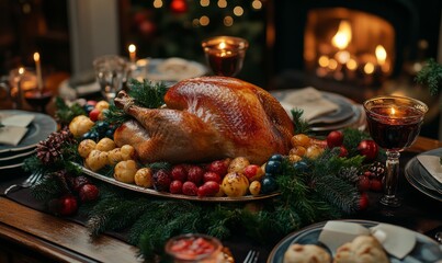 A Christmas dinner table filled with a roasted turkey and cooked vegetables