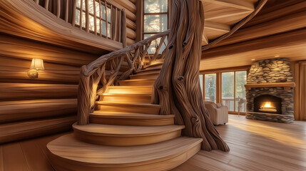 Wooden spiral staircase winding around a tree trunk illuminating a cozy living room with fireplace in a log cabin