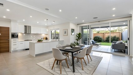 Fototapeta premium Luxurious Open-Concept Kitchen with Island Overlooking Modern Pool and Scenic Backyard