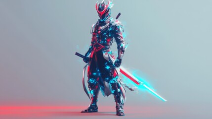 A futuristic samurai standing in a dynamic pose, holding a glowing katana. The armor is a blend of traditional samurai aesthetics and neon cyberpunk elements, with glowing blue and red accents.