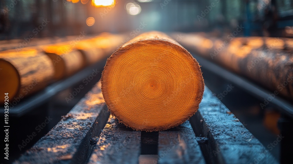 Poster close-up of freshly cut tree log on a processing line in a lumber mill with beautiful natural lighti