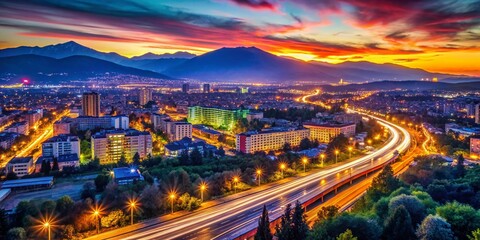 Aerial Long Exposure View of Sofia, Bulgaria at Night, City Lights Trails