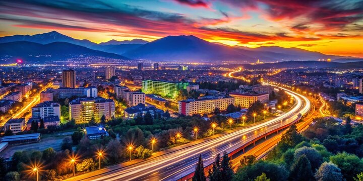 Aerial Long Exposure View of Sofia, Bulgaria at Night, City Lights Trails