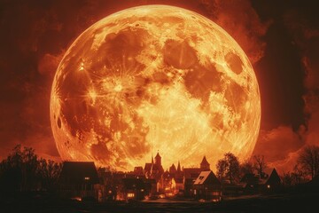 Blood Moon Rises Over Medieval Village Houses
