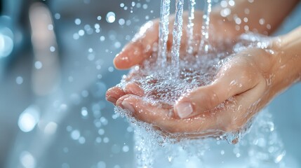 Fototapeta premium Woman washing hands, clean water flowing, bathroom background, hygiene
