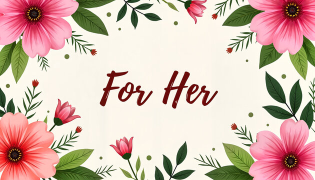 For Her text with floral border and pink flowers