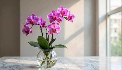 Pink orchids in a glass vase on a marble table near a window