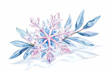 Obraz premium Beautiful Snowflake on Delicate Green Leaves in Watercolor Style