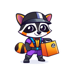 Obraz premium Adventurous raccoon delivery urban streets character illustration playful environment front view fun concept