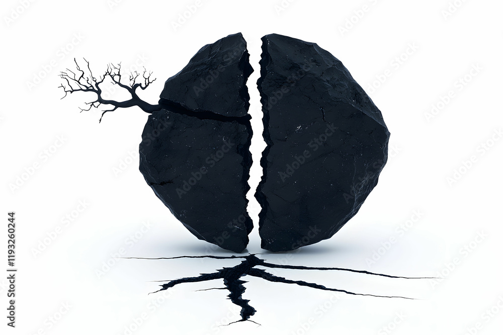 Poster split black rock with tree branch emerging from crack in surface