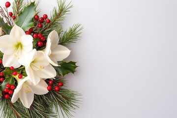 Winter-inspired bouquet of white amaryllis, holly berries, and pine branches, perfect for a festive and cozy holiday celebration.