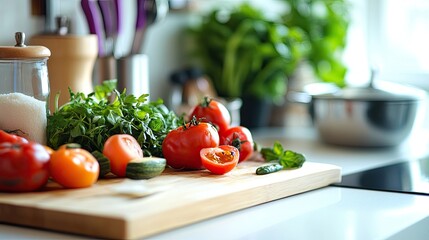 Ingredients for vegetarian dishes displayed on a white counter s 250 