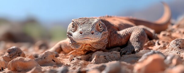 Fototapeta premium Komodo dragon sunbathing on rocky terrain, ancient and mysterious, wildlife focus.