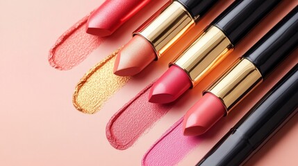 perspective view of beauty product lipsticks set on light peach surface with makeup brush