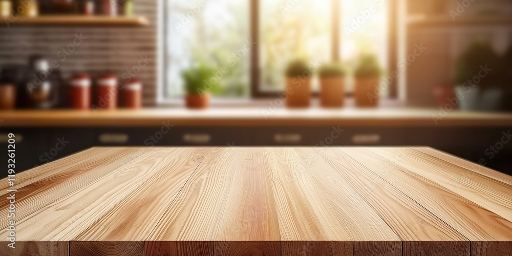 Poster empty wooden table in a bright kitchen setting for product placement