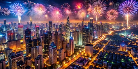 Obraz premium Aerial View 2025 New Year Celebration: Cityscape Fireworks Drone Shot