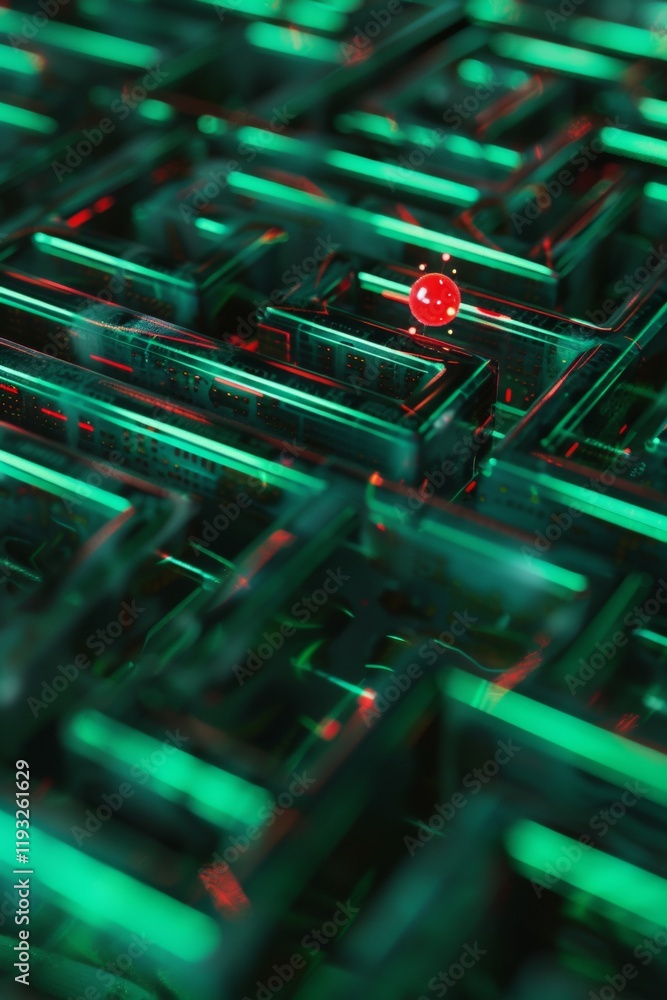Poster exploring a digital maze of glowing green code virtual reality 3d visualization futuristic environme