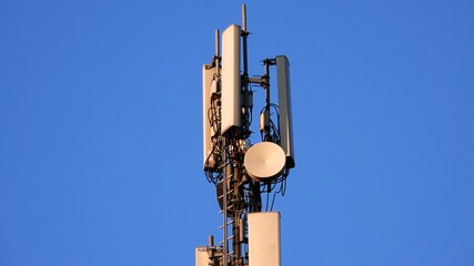 Telecommunication tower. Telecom tower antennas and satellite transmits the signals of cellular 5g...