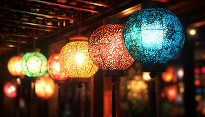 Colorful paper lanterns suspended from a ceiling, softly glowing in an array of bright colors, casting intricate patterns on the walls.