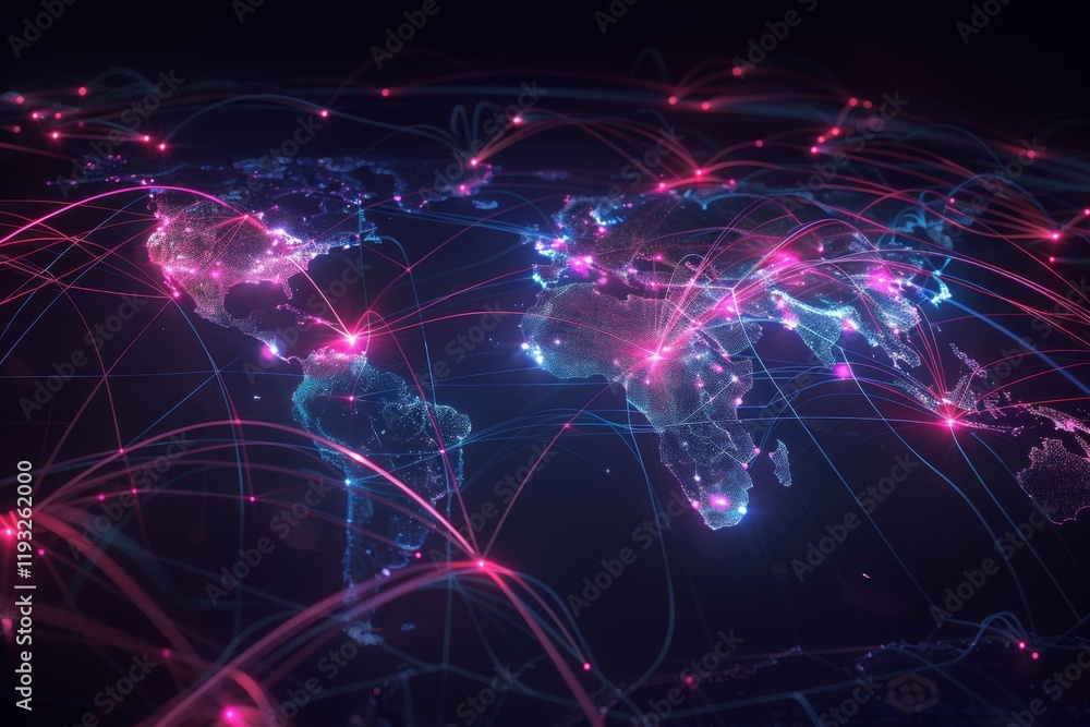 Poster global connectivity visualization with pulsating light beams digital world map network environment h
