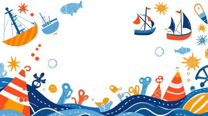 Colorful Nautical Background with Boats, Waves, and Marine Elements Creating a Playful Maritime Theme for Children&rsquo;s Illustrations and Designs