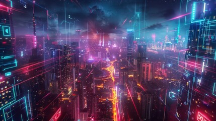 Obraz premium Neon cityscape night view urban landscape panoramic photography vibrant atmosphere futuristic concept