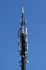 Telecommunication tower. Telecom tower antennas and satellite transmits the signals of cellular 5g...