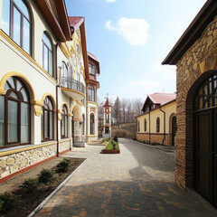 Fototapeta premium Charming architectural details of a tranquil courtyard in a resort destination with a clear blue sky