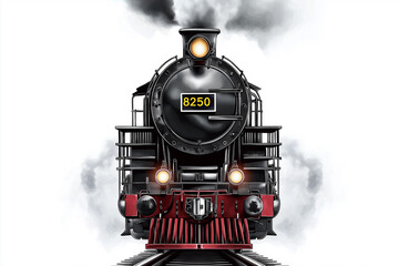 Powerful steam train locomotive approaching on railway track