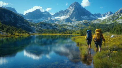 Majestic Mountain Lake Hike: Adventurous Backpackers Explore Serene Alpine Scenery