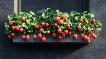 Strawberry plants with lots of ripe red strawberries in a balcony railing planter, apartment or urban gardening concept
