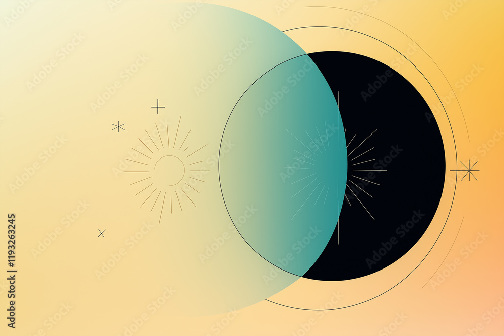 Wall mural sun and moon partially overlapping creating gradient effect with stars and crosses