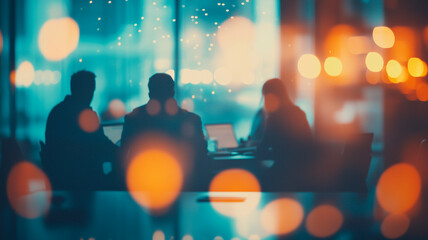 Silhouettes of professionals working in a modern office with bokeh lights