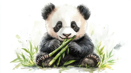 Fototapeta premium Watercolor A cute baby panda eating bamboo Of white background