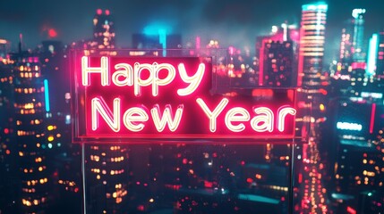 Neon Sign Celebrating Happy New Year Over City Skyline at Night