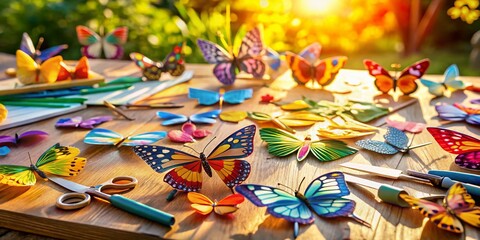 Aerial View: Colorful Paper Butterfly Craft Tutorial, Step-by-Step Guide, DIY Project