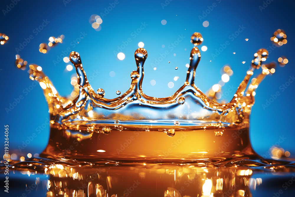 Poster dynamic splash of water creating a crown shape on blue background