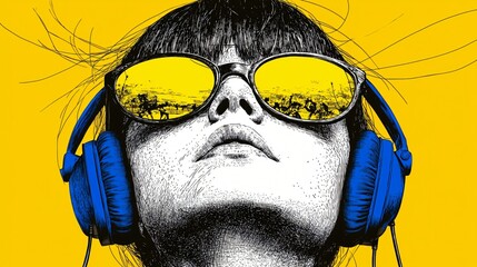 Woman listening music with headphones and sunglasses, yellow background.