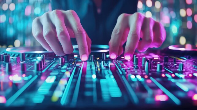 Close-up of hands mixing music on a colorful DJ console.