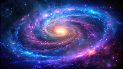 A vibrant galaxy with swirling clouds of purple gas and blue stars against a dark background, cosmos, astronomy