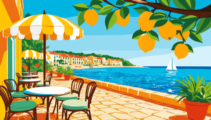 Beach scene with street cafe, boat in the water and lemon tree in the foreground. The scene is bright and cheerful, with a sunny day and relaxing atmosphere. Vector illustration, banner