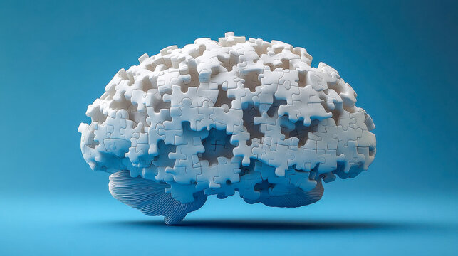 White brain-shaped jigsaw puzzle pieces arranged on a blue background, symbolizing problem-solving, mental health, and neuroscience