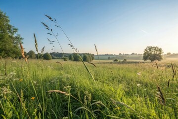 Fototapeta premium A verdant meadow with long grasses and a clear blue sky on a warm summer morning, serene atmosphere, warm sunlight, cloudless weather, outdoors