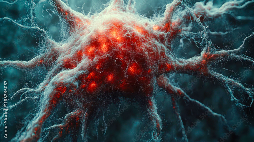 Poster a detailed close-up of a neuron with glowing red nodes, representing neural activity and connections