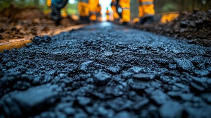 Construction crew meticulously applies asphalt to develop a new road through the lush greenery