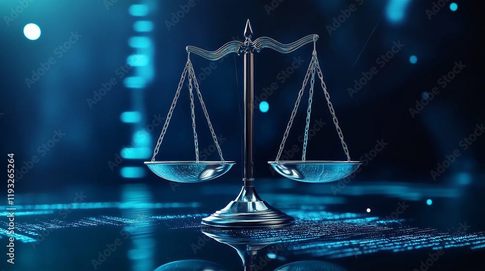 Aufkleber scales of justice balancing on digital surface representing law and technology